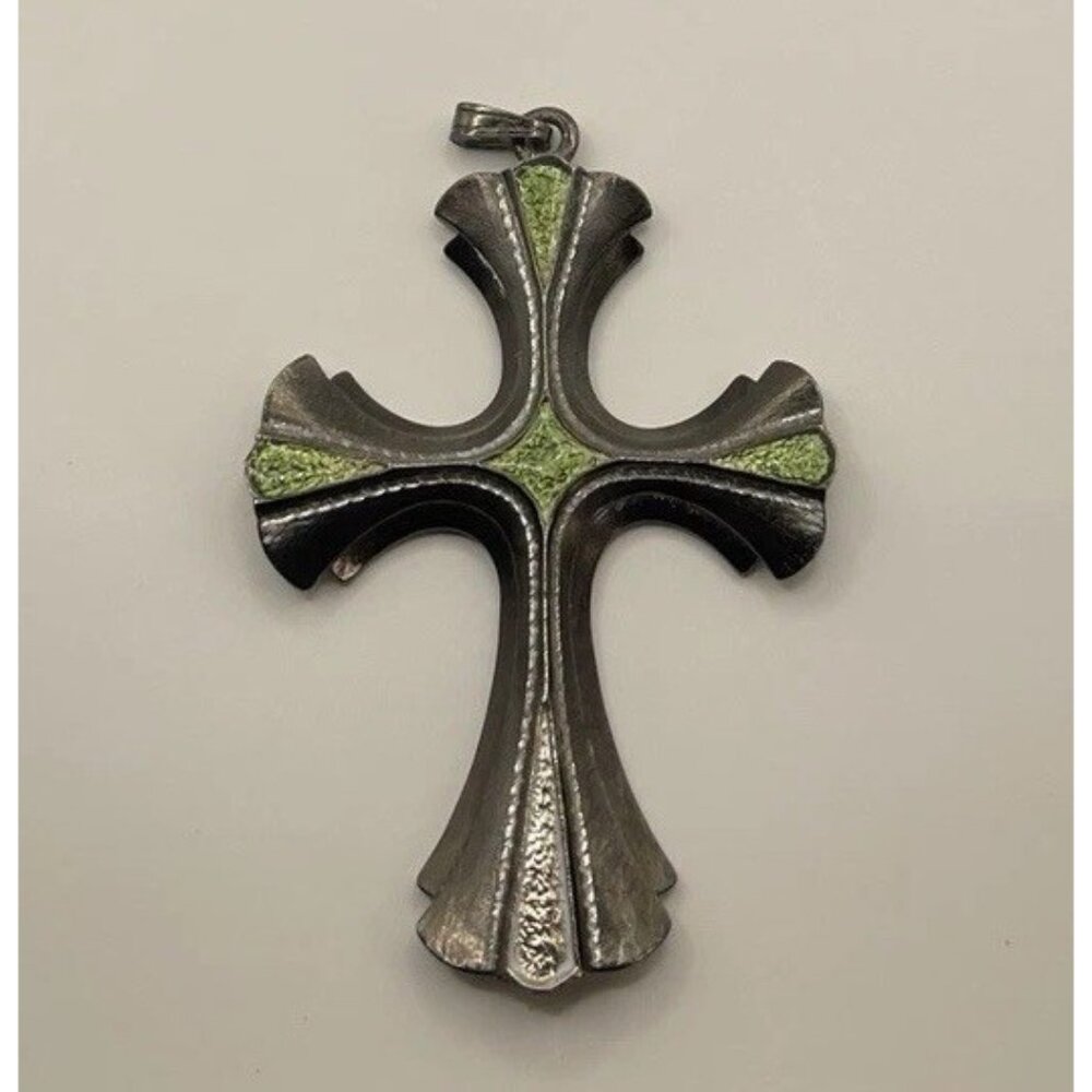 Sarah Coventry Limited Edition 1976 Biker Cross 3.5" Necklace Green Enamel